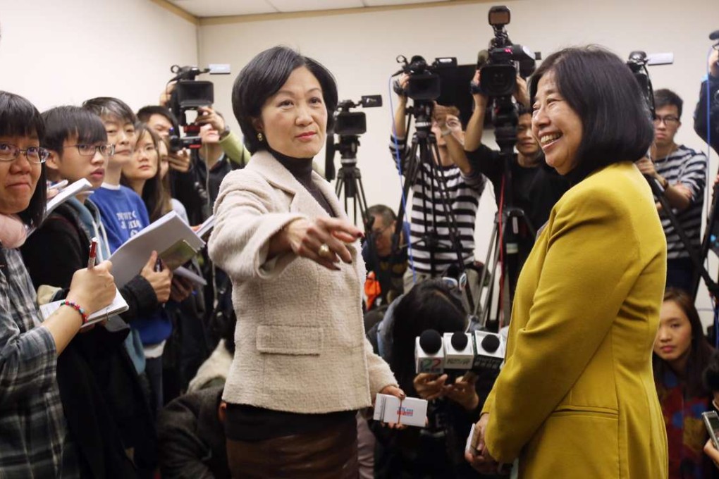 Regina Ip Lau Suk-yee with her campaign manager Miranda Chiu at Tuesday’s media gathering. Photo: David Wong