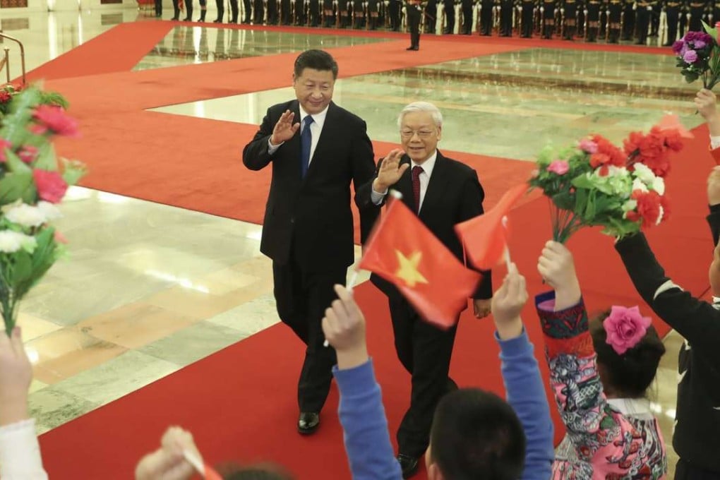 President Xi Jinping, general secretary of the Chinese Communist Party, welcomes Nguyen Phu Trong, general secretary of the Communist Party of Vietnam, in a ceremony before their talks in Beijing last week. Photo: Xinhua