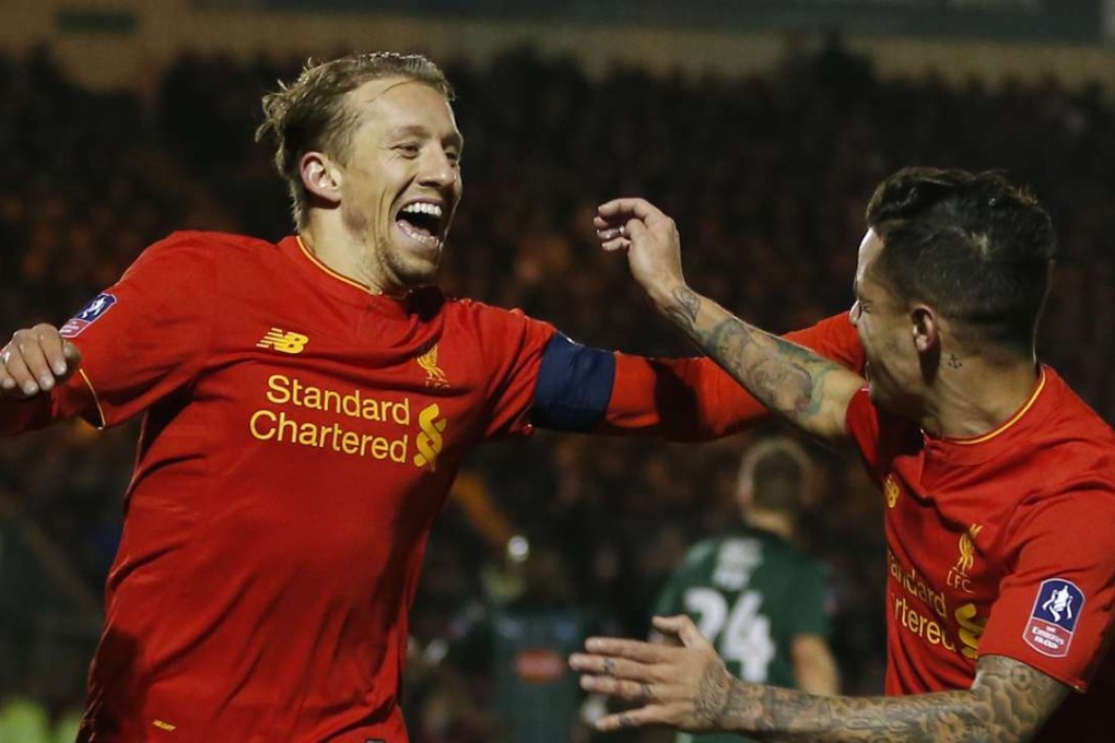 Liverpool’s Lucas Leiva celebrates scoring the winner against Plymouth Argyle. Photo: Reuters