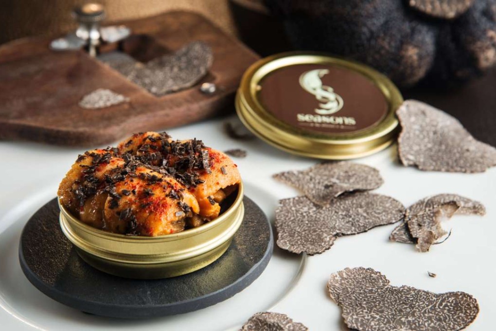 Hokkaido sea urchin box, salmon tartare and truffle jelly at Seasons by Olivier E.