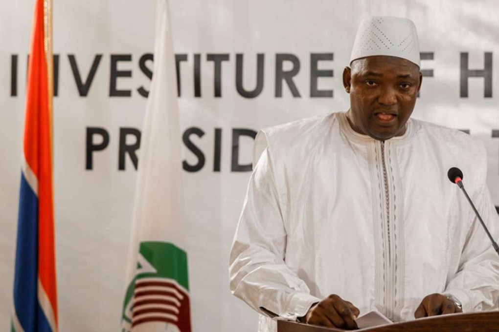Adama Barrow speaking during his swearing in as president of Gambia at the Gambian embassy in Dakar . Photo: AFP