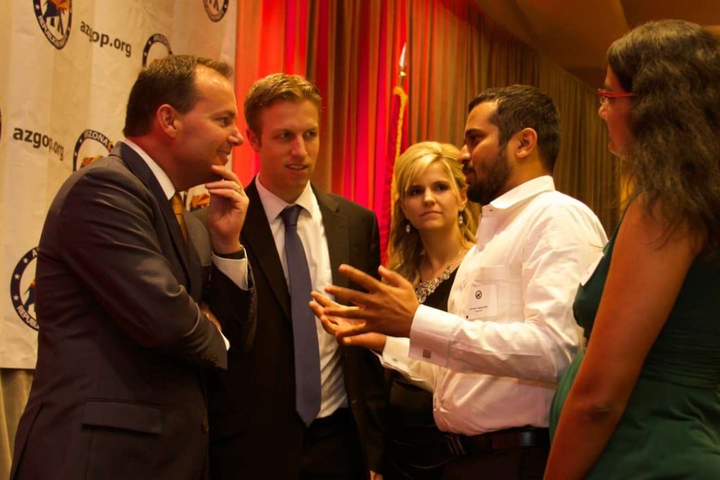 Avinash Iragavarapu, right, attends a fundraising event in Utah for Senator Mike Lee. Handout photo