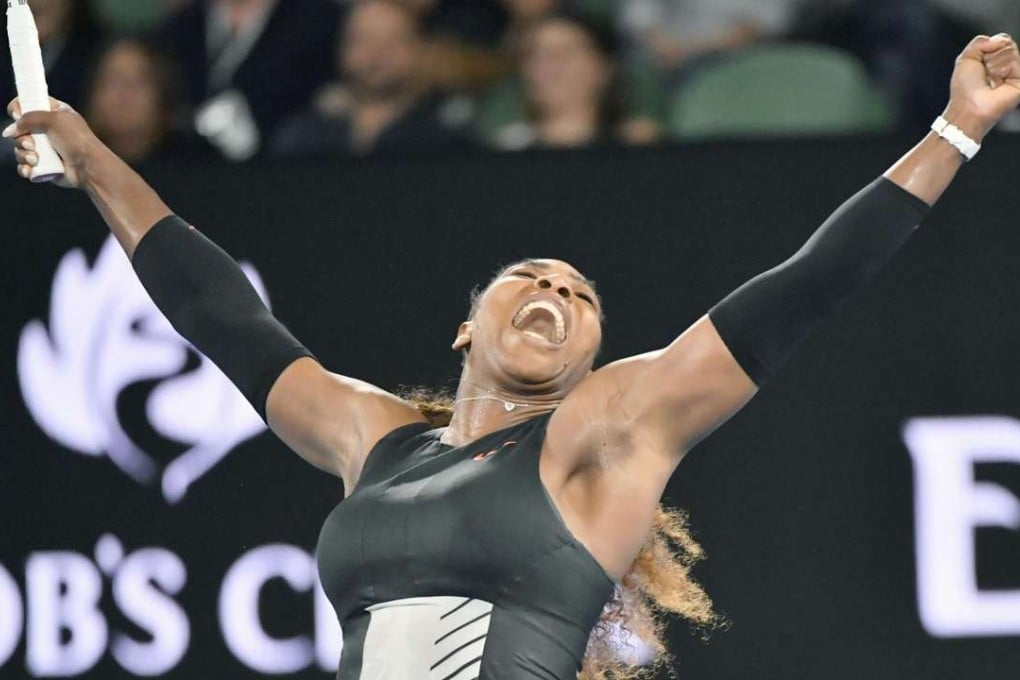 Serena Williams reacts after defeating Lucie Safarova of the Czech Republic in round two. Photo: Kyodo