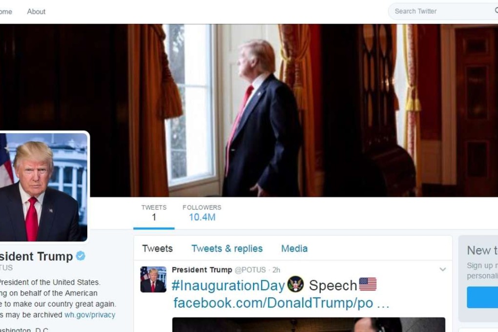 Donald Trump has taken over as the 45th US president and in doing so inherited the White House Twitter account from outgoing leader Barack Obama. Photo: Twitter