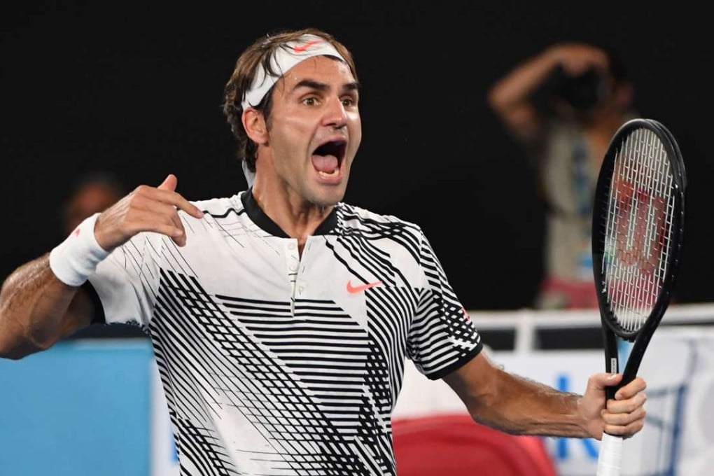 Roger Federer celebrates his victory against Kei Nishikori during their last-16 match at the Australian Open. Photo: AFP
