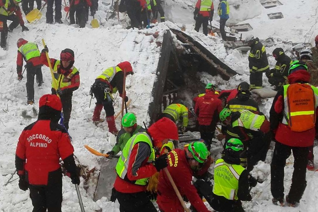 Rescuers digging at the avalanche-hit Hotel Rigopiano, near the village of Farindola. Photo: AFP