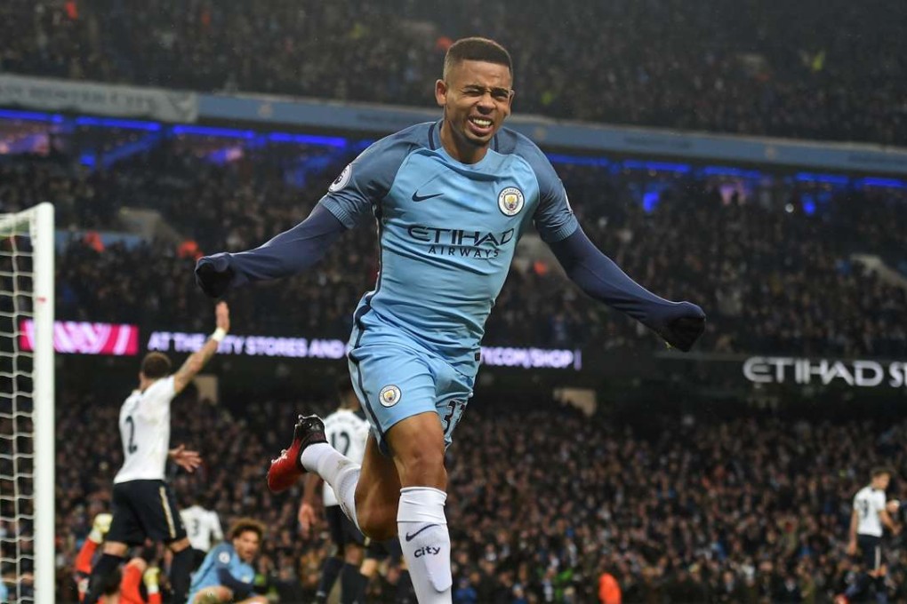 Gabriel Jesus celebrates scoring his debut goal before realising he has been flagged for offside. Photo: AFP