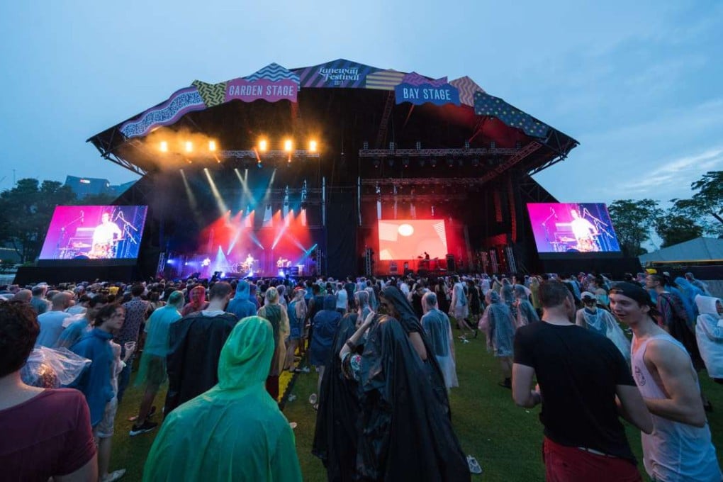One of the stages at Laneway Singapore on Saturday, with a crowd braving some wet conditions.