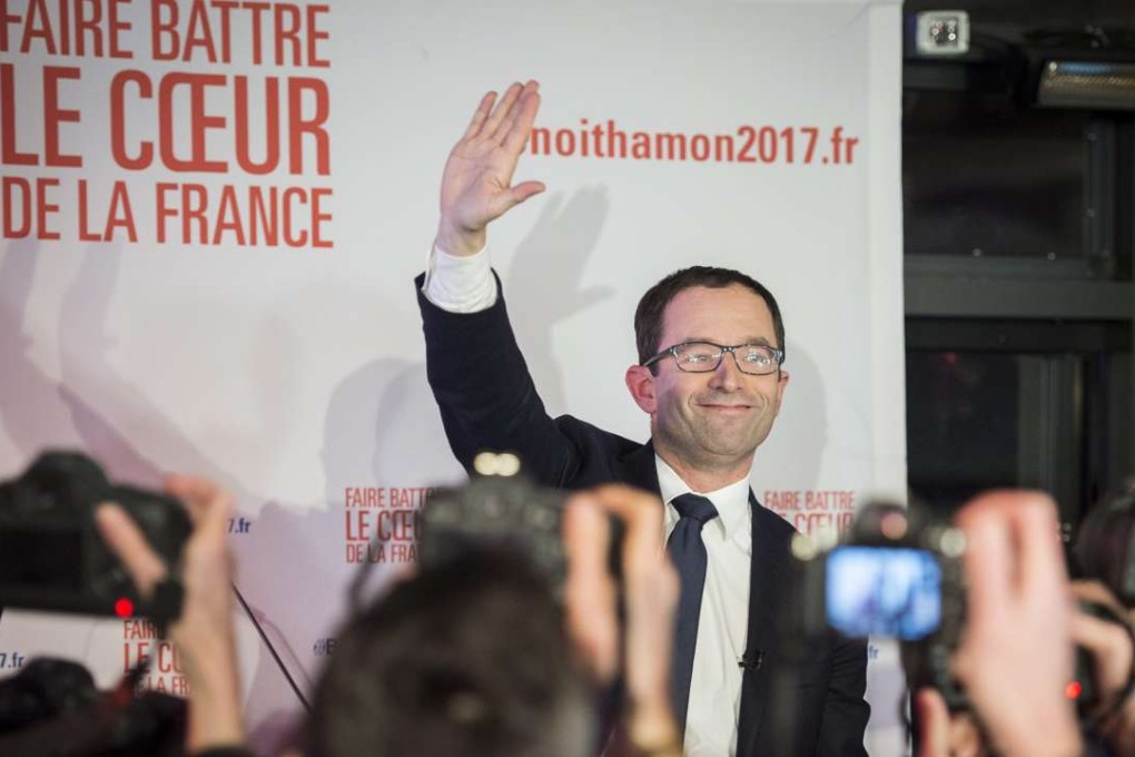 French former education minister Benoit Hamon delivers a speech after winning the first round of the Socialist party primaries in Paris on Sunday. Photo: EPA