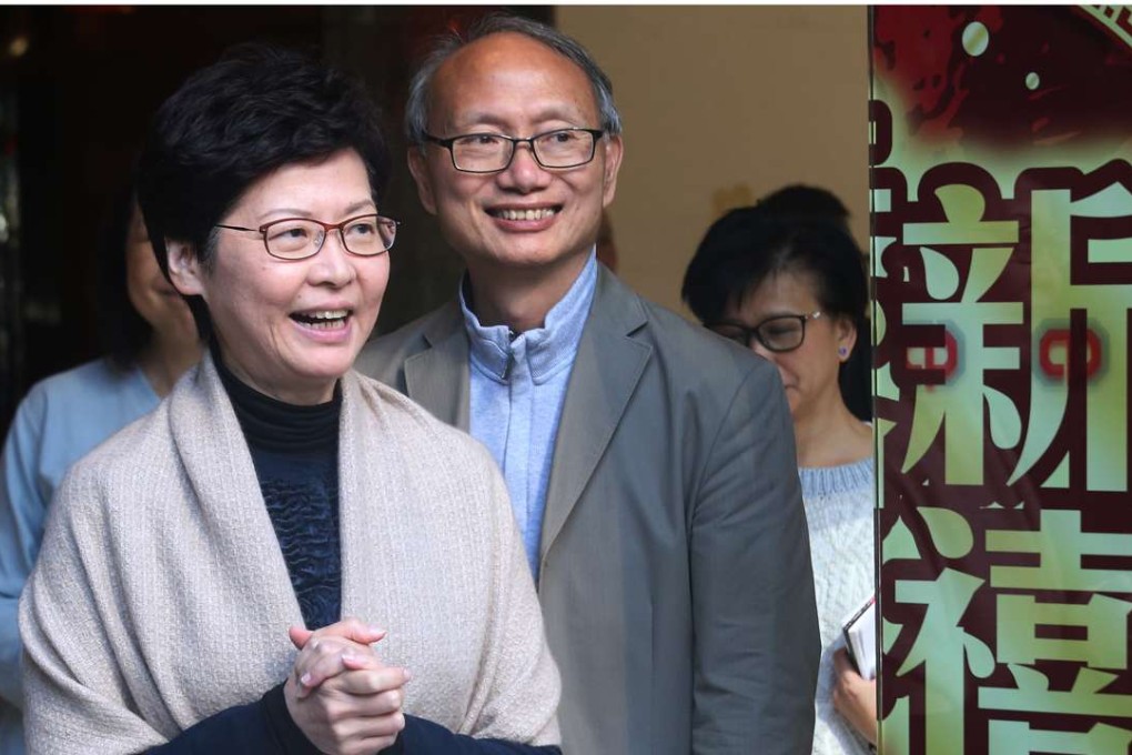 Carrie Lam with media relations officer Tai Keen-man at her campaign office yesterday. Lam trails John Tsang in opinion polls but is seen as Beijing’s favourite. Photo: David Wong