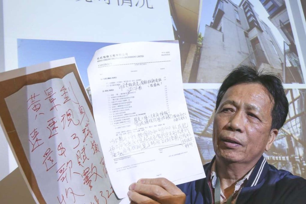 Constructor Wong King-chiu Wong says he gave police all the receipts forpurchasing purchases of materials and from hiringthe hiring ofconstruction workers to the police to prove he did not cheat. Photo: Sam Tsang