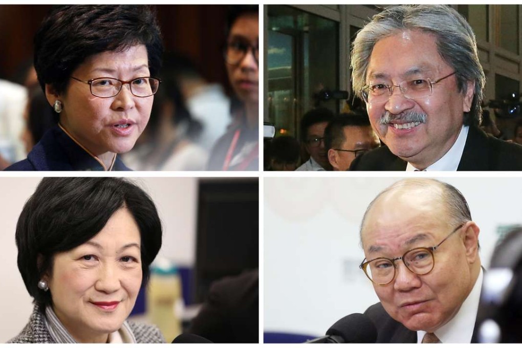 Candidates for Hong Kong's Chief Executive election in 2017: (Clockwise from top-left) Carrie Lam Cheng Yuet-ngor, John Tsang Chun-wah, Woo Kwok-hing, and Regina Ip Lau Suk-yee. Photos David Wong/Dickson Lee/Chan Xiaomei/Jonathan Wong