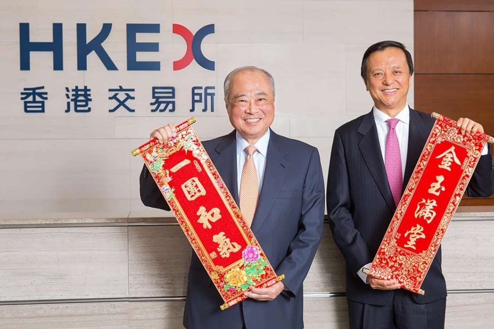 HKEX chairman C K Chow (left) and chief executive Charles Li share their New Year’s greetings. Photo: Handout