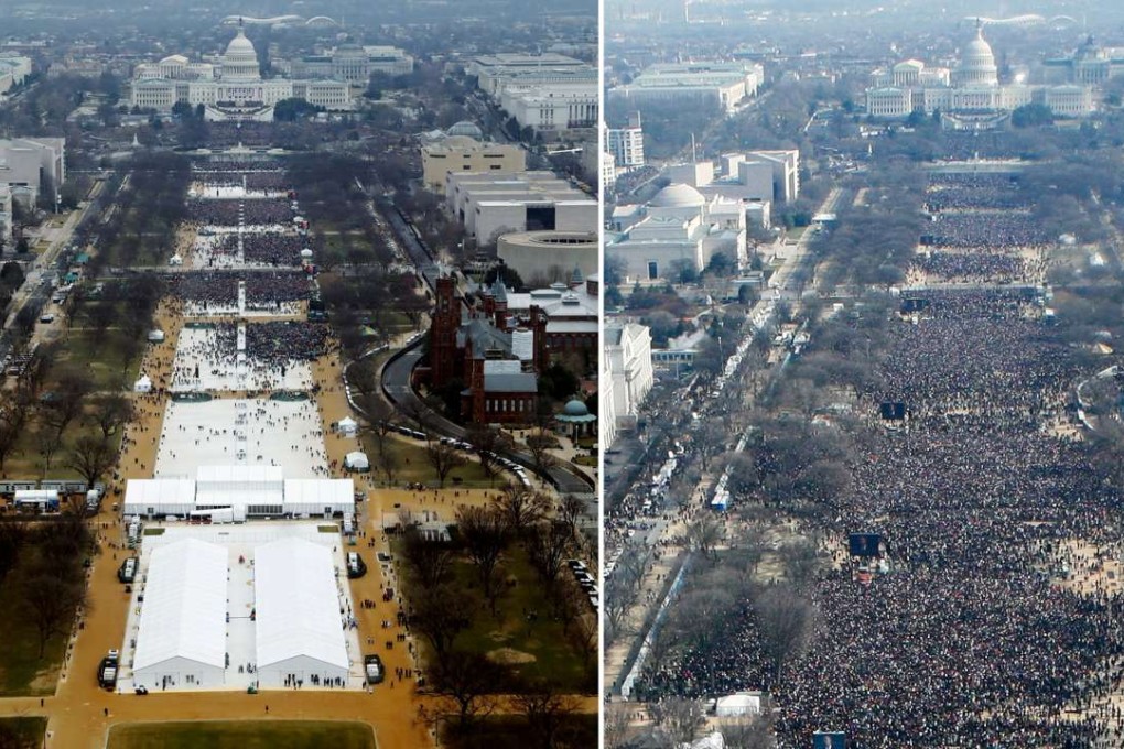 Crowds at the inauguration ceremony for US President Donald Trump in Washington on January 20 (left) and those at the first swearing-in for two-term preceding president Barack Obama, on the same day in 2009. Photo: Reuters