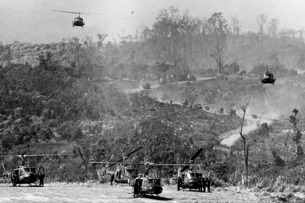 American helicopters land at Khe Sanh base, on the Laos border on February 1, 1971. Picture: AFP