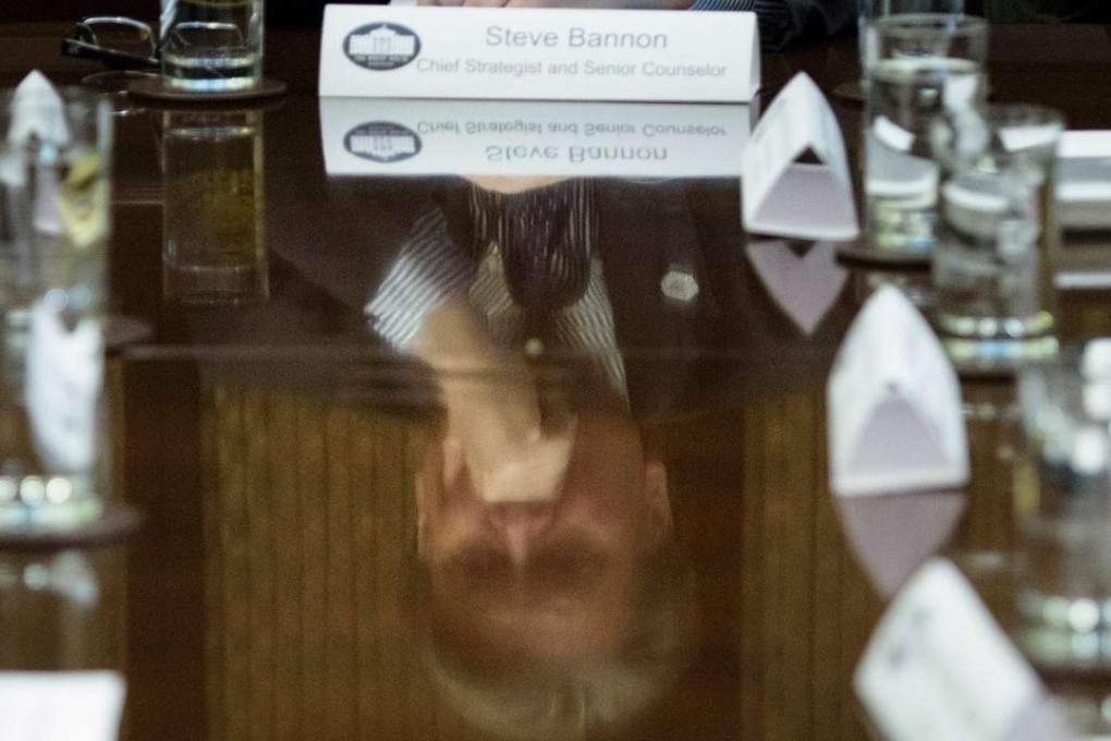 US President Donald Trump adviser Steve Bannon listens during a meeting on cyber security in the Roosevelt Room of the White House. Photo: AFP