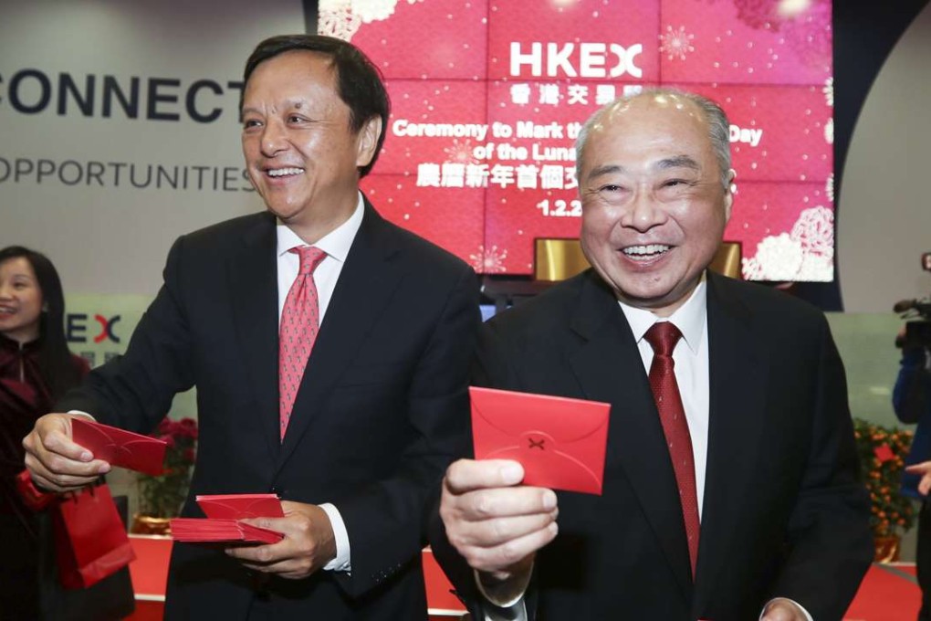 HKEX chief executive Charles Li (left) and chairman Chow Chung Kong attend the ceremony to mark the first trading day of the Lunar New Year on Wednesday. Photo: Nora Tam