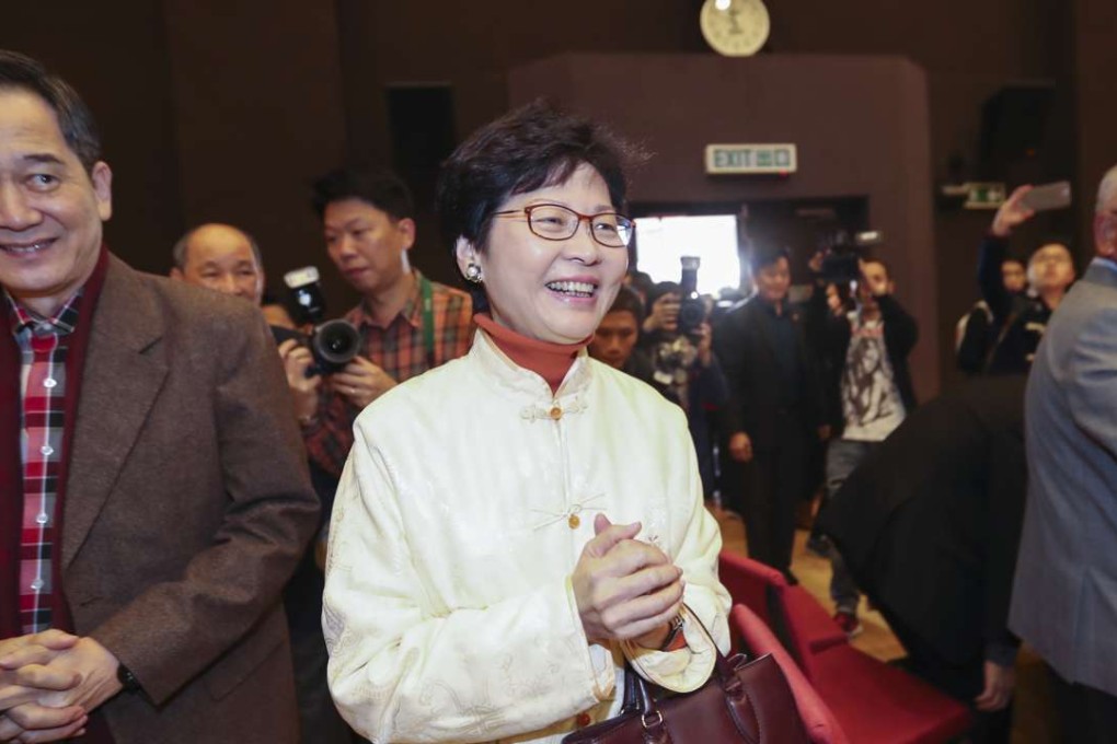 Chief executive hopeful Carrie Lam meets Heung Yee Kuk members in Sha Tin. Photo: Edward Wong
