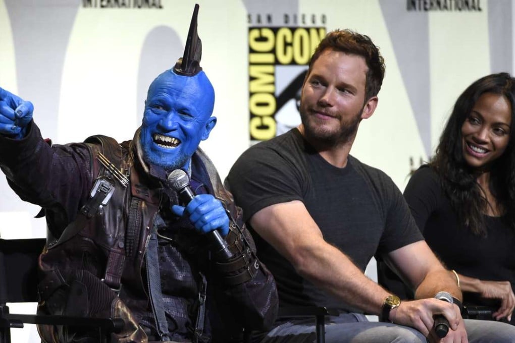 Michael Rooker, left, Chris Pratt and Zoe Saldana attend the "Guardians of the Galaxy Vol. 2" panel at the Comic-Con International in San Diego in 2016. Photo: Invision/AP