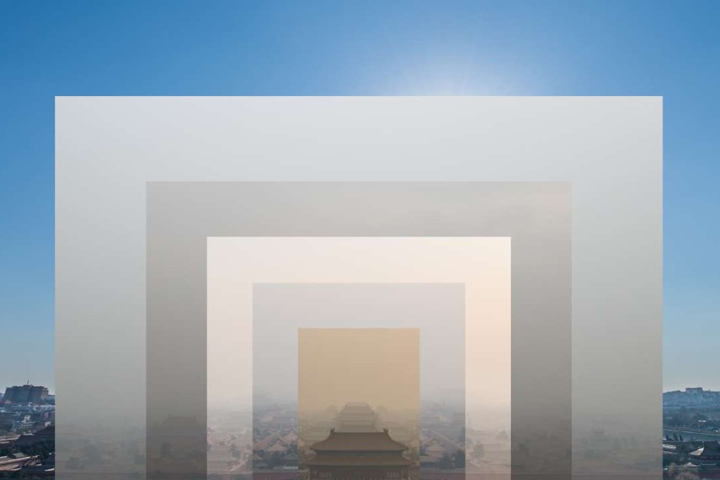 A combination of photographs from December 17 (inside) to December 22 (outside) showing levels of smog above the Forbidden City in Beijing. Photo: Xinhua