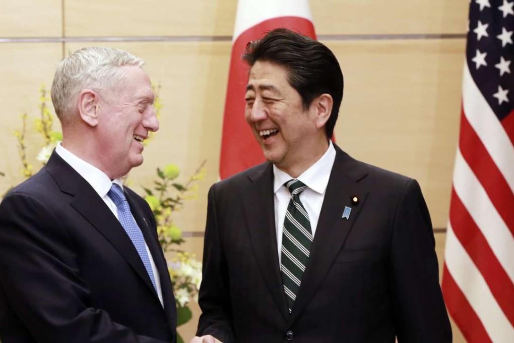 US Defence Secretary Jim Mattis and Japanese Prime Minister Shinzo Abe in Tokyo yesterday. Photo: EPA