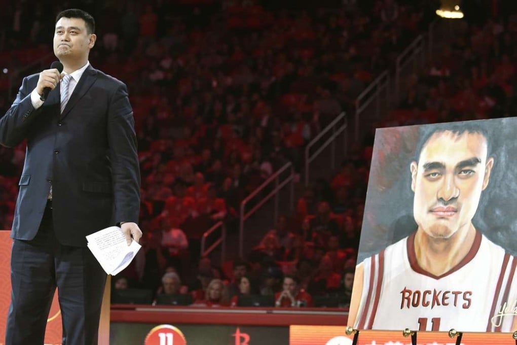 Yao Ming speaks during his jersey number retirement ceremony. Photo: AP