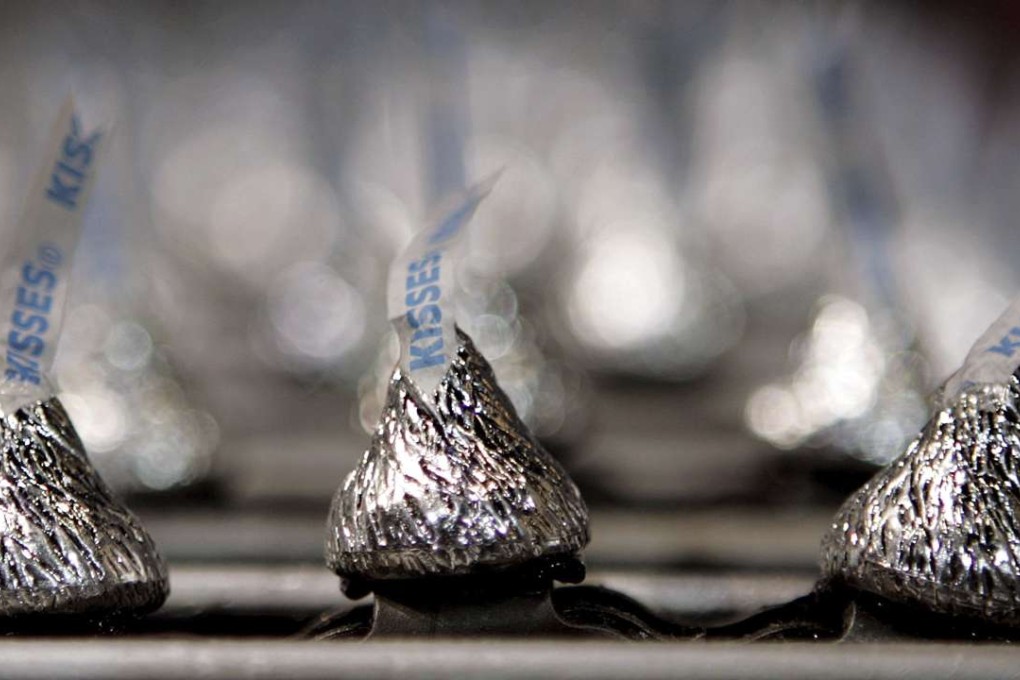 A file photo of Hershey's Chocolate Kisses are seen coming off a pretend production line at Hershey's Chocolate World in Hershey, Pennsylvania. Photo: AP