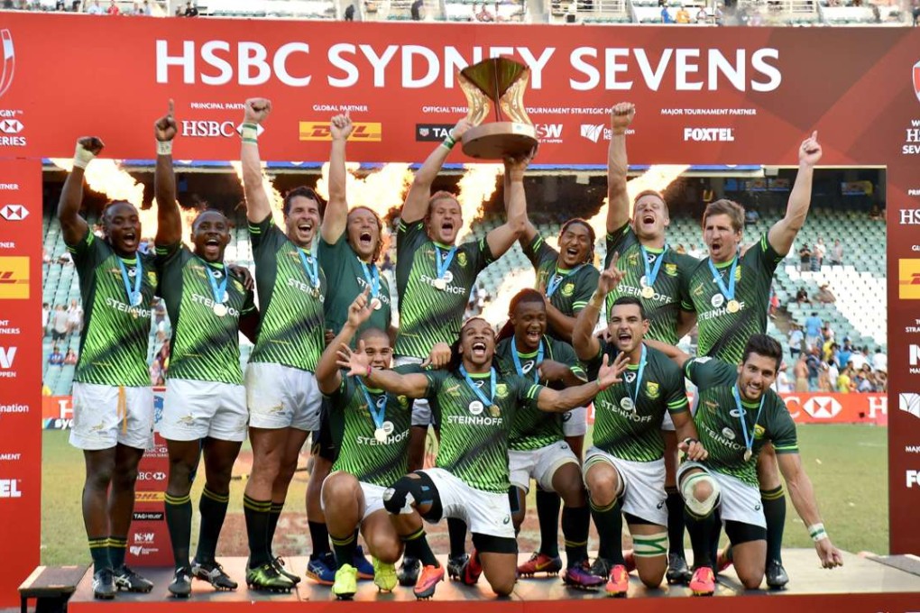 South Africa celebrate after beating England in the cup final in Sydney. Photo: AFP