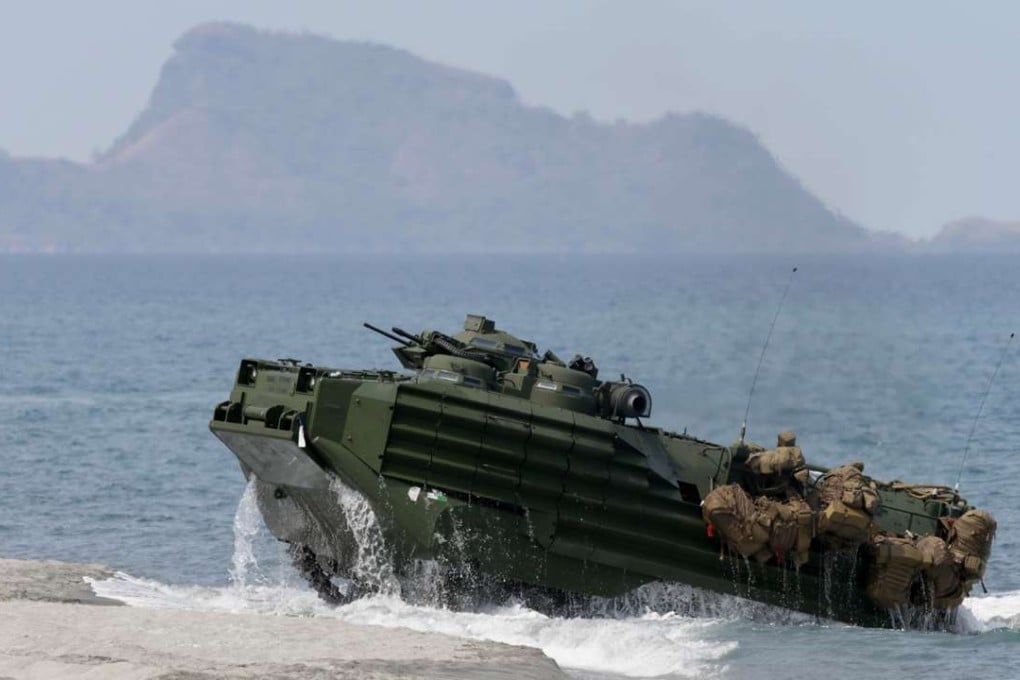 In this April 2015 file photo, a US Navy amphibious assault vehicle takes part in an exercise with the Philippine military at a beach facing the Scarborough Shoal in the South China Sea. Photo: AP