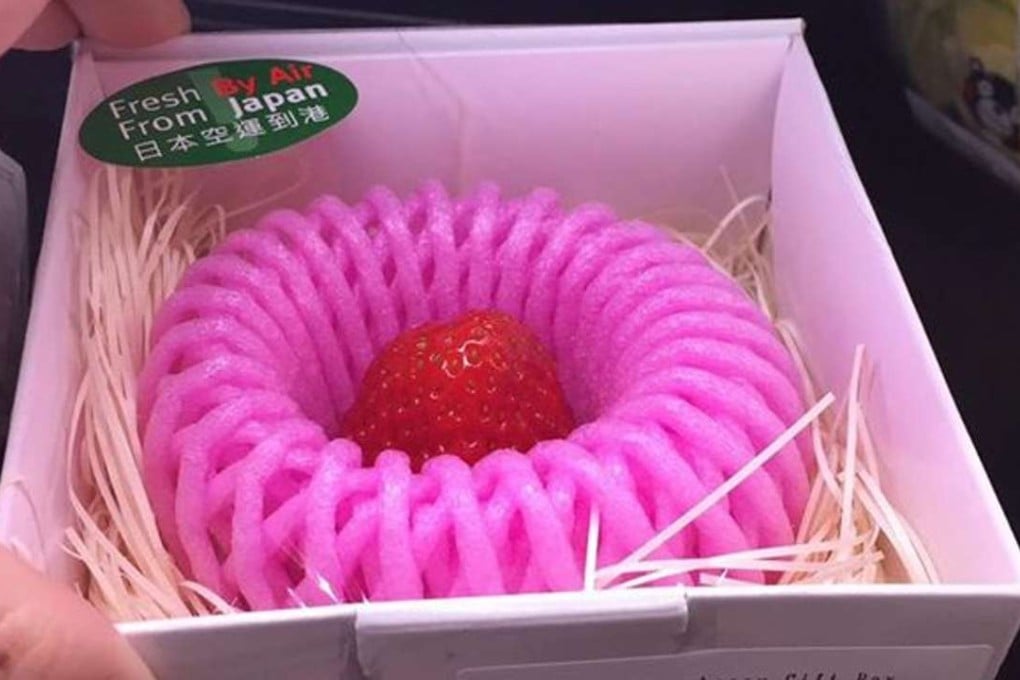 Wasteful: a solitary strawberry from Japan is packaged in plastic for sale at City'super in Causeway Bay.