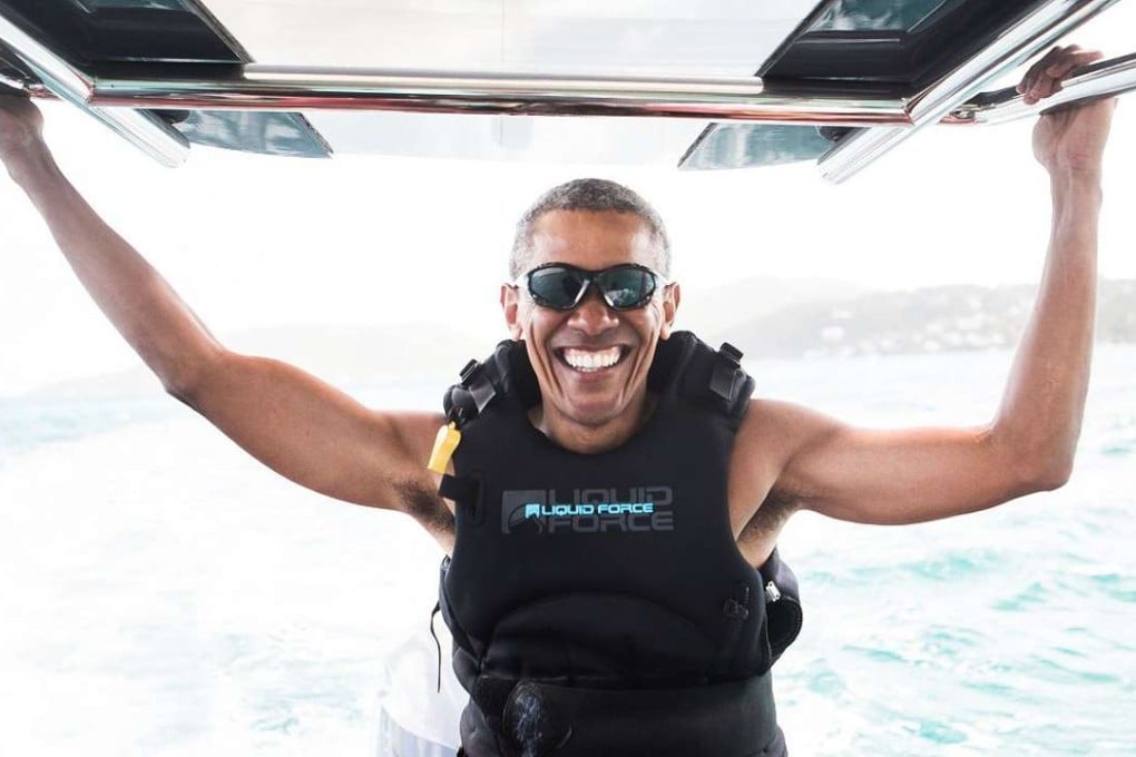 Former US president Barack Obama is pictured during a kitesurfing session with British billionaire Richard Branson, off the coast of Moskito Island in the British Virgin Islands in the Caribbean.Photo: AFP