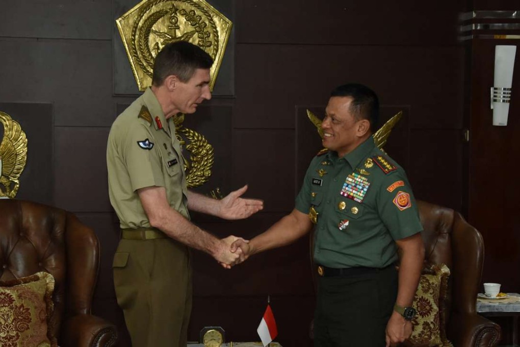 Australia’s army chief Lieutenant General Angus Campbell meets with Indonesia’s armed forces chief General Gatot Nurmantyo in Jakarta. Photo: Reuters