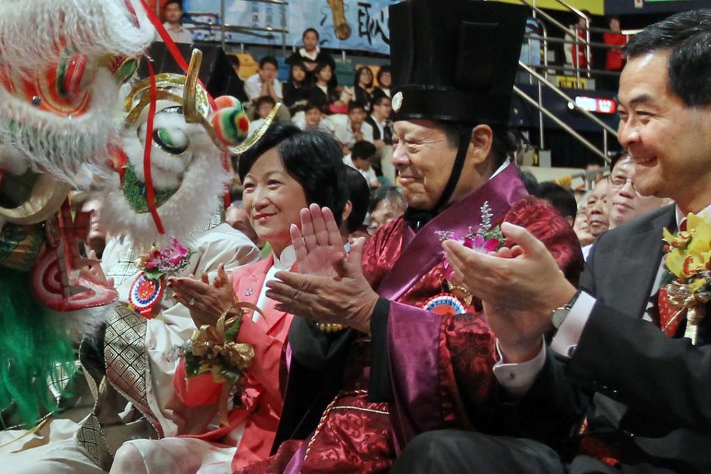 Legislator Regina Ip Lau Suk-yee, president of the Confucian Academy Dr Tong Yun-kai and then Executive Council convenor Leung Chun-ying officiate a ceremony to celebrate Confucius' 2,562nd birthday, at the Queen Elizabeth Stadium, in Wan Chai, on September 24, 2011. Picture: SCMP