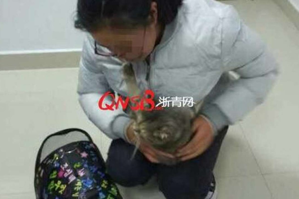 The student with her pet cat, after the animal was discovered by security guards at the train station in Lishui. Photo: Handout