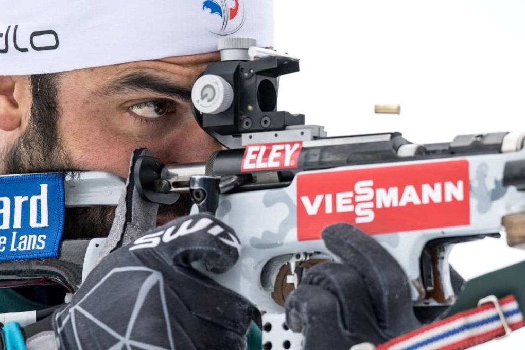 Simon Fourcade of France takes aim at the shooting range during a training session for the 2x7.5km and 2x6km Mixed Relay race at the IBU Biathlon World Championships in Hochfilzen, Austria. Photo: EPA