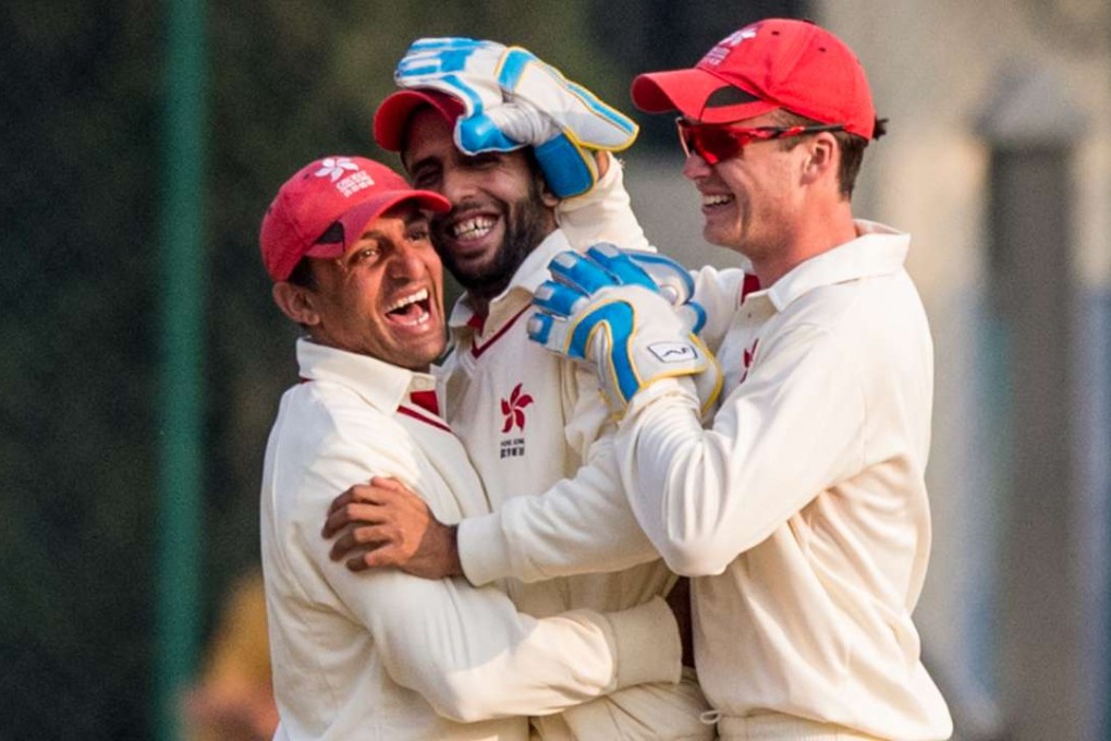 Hong Kong celebrate the wicket of Netherlands’ Stephan Myburgh. Photo: Panda Man