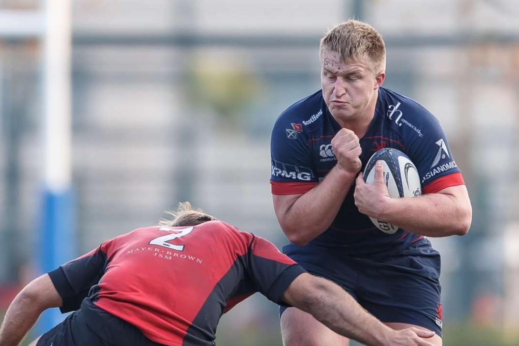 HK Scottish prop Jack Parfitt braces for contact against Valley in the Hong Kong Premiership on Saturday. Photo: HKRU