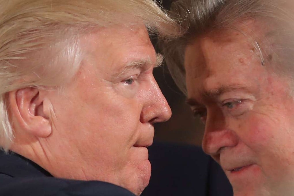 US President Donald Trump talks to senior staffer Steve Bannon at the White House on January 22. The former Goldman Sachs banker pulled of a peaceful revolution in America. Photo: Reuters