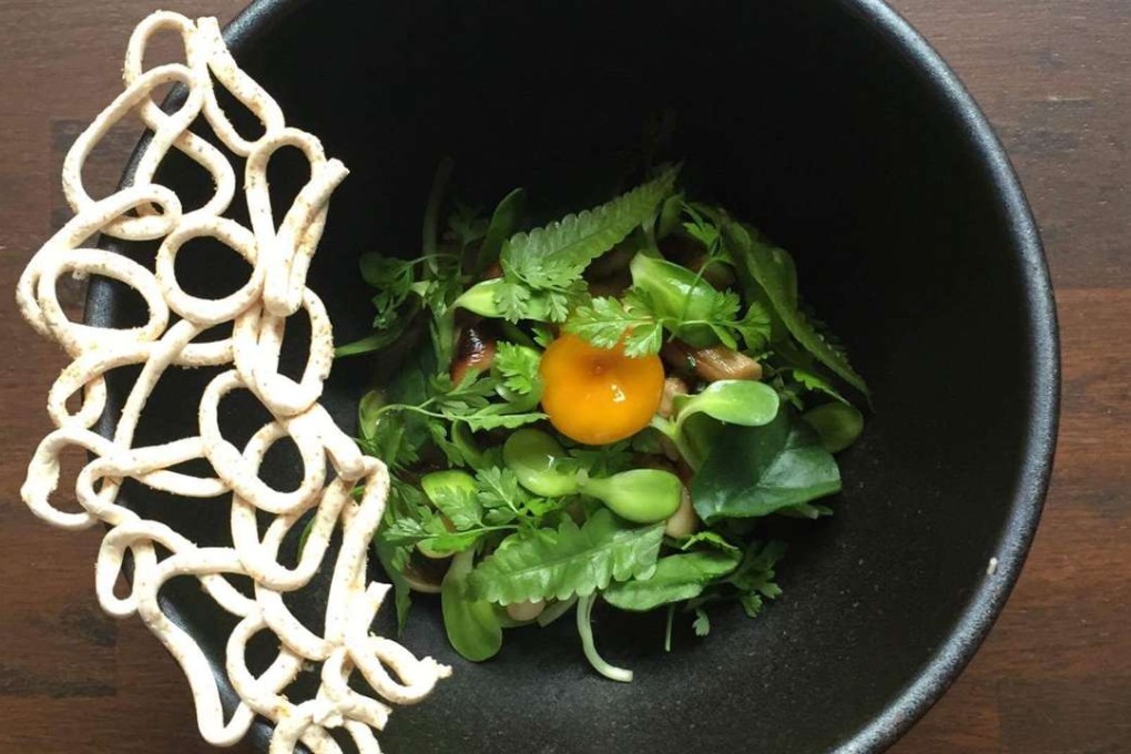 Test Kitchen’s mushrooms/quail eggs/local greens.