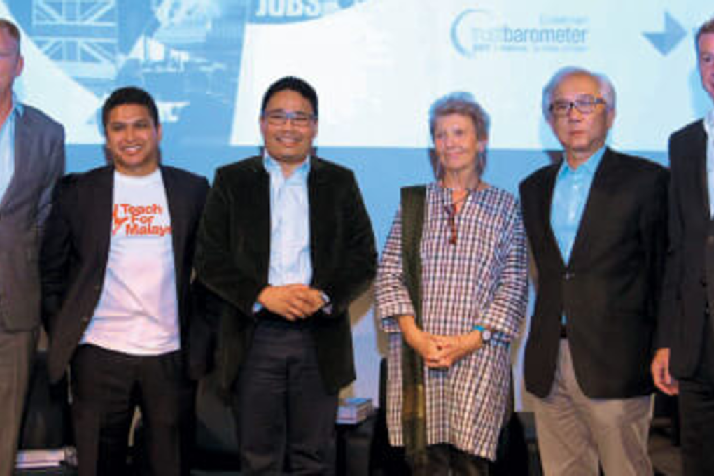 (From left) Edelman Southeast Asia and Australasia chief executive officer Iain Twine, co-founder and managing director of Teach for Malaysia Dzameer Dzulkifli, Khairul, Munro-Kua, Ho and Kay at the Malaysian launch of the 2017 Edelman Trust Barometer. Photo: Kenny Yap/The Edge