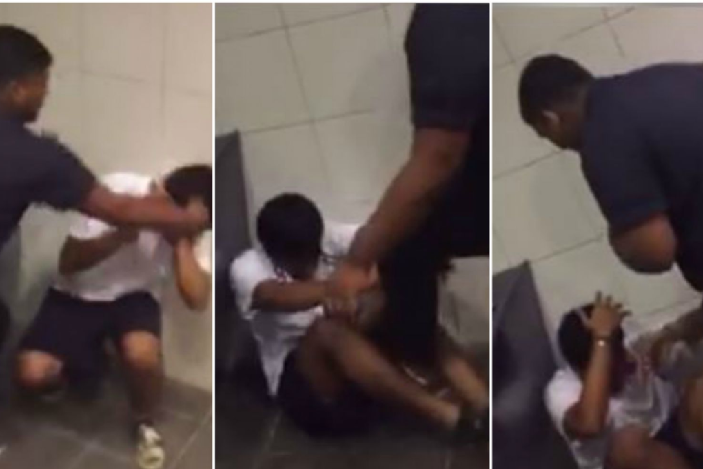 The 75-second clip showed a student, clad in black, kicking and raining blows on a smaller-built student in a corner of the toilet. Photo: Soniya Raj/Facebook