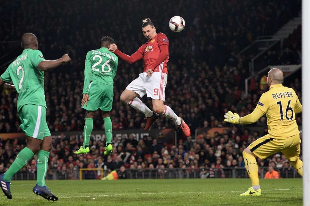 Zlatan Ibrahimovic heads the ball to score against St-Etienne but is ruled offside. Photo: AFP