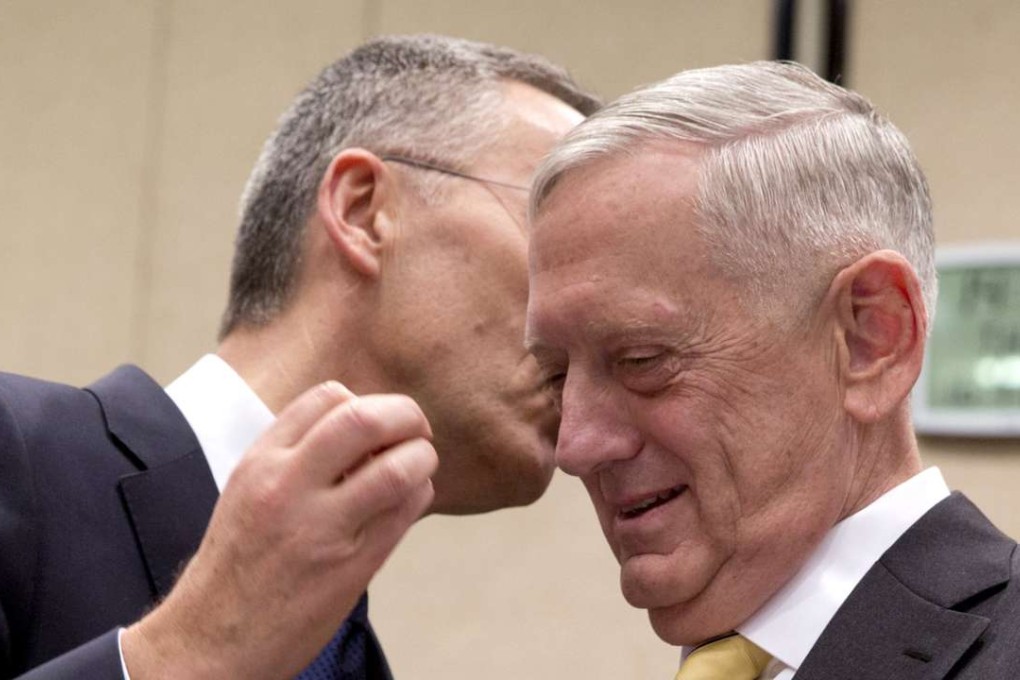 US Secretary of Defence Jim Mattis (R) listens to NATO Secretary General Jens Stoltenberg (L) during a meeting of the counter-Islamic State Coalition at the headquarters of NATO In Belgium. Photo: pool via EPA