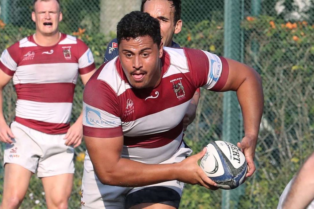 Kowloon’s Turoa Stephens launches one of his trademark carries against Scottish in the Hong Kong Premiership on Saturday. Photo: Edward Wong