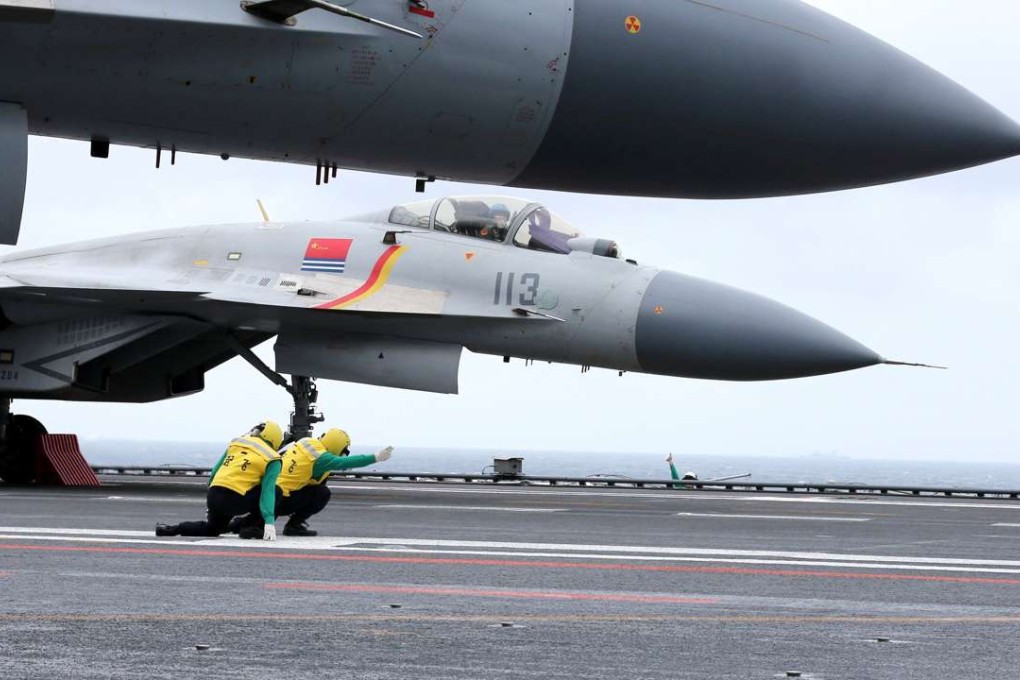 In this January 2 photo, Chinese J-15 fighter jets are seen on the deck of the PLA Navy’s Liaoning aircraft carrier during military drills in the South China Sea. Photo: AFP