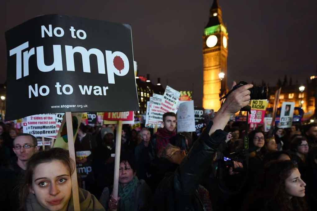 Protesters demonstrate against US President Donald Trump’s proposed State visit to the UK o in London on Monday. Photo: AP