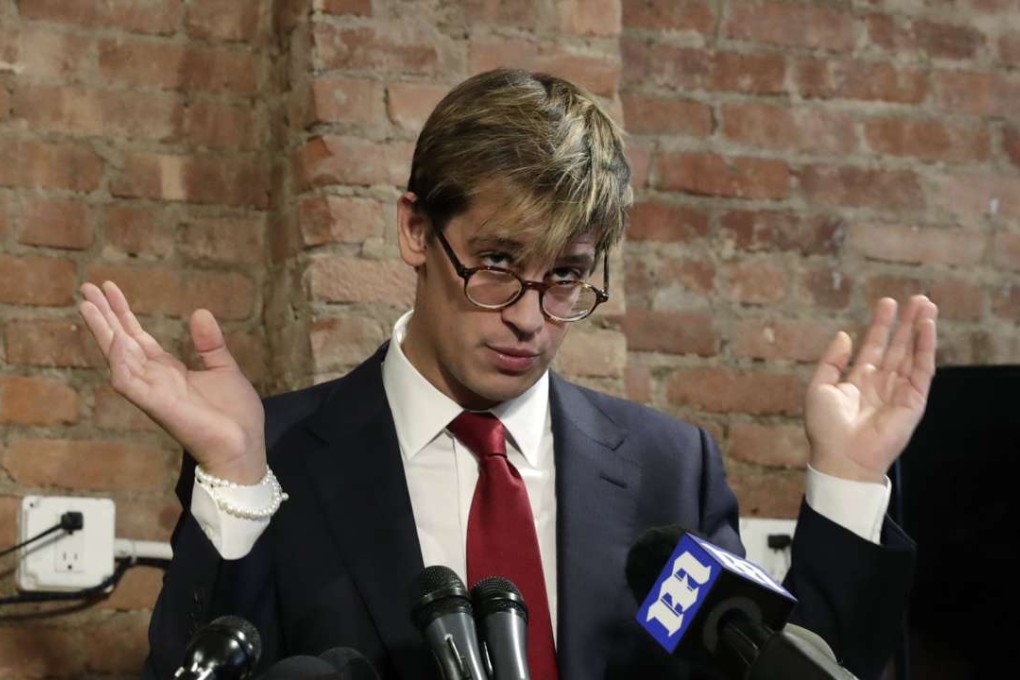 Breitbart senior editor Milo Yiannopoulos addresses the media at a press conference in New York City on Tuesday. Yiannopoulos announced his resignation from Breitbart after controversial comments he made in a video, regarding sex with “young boys”, recently resurfaced. Photo: EPA