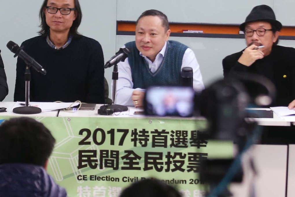 (L to R) Ip Kin-ching, Benny Tai Yiu-ting and James Hon Lin-shan attend a press conference on Chief Executive Election Civil Referendum 2017 in Mong Kok. Photo: David Wong