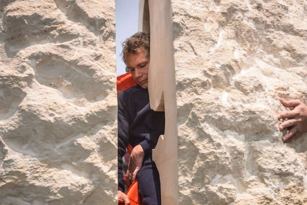 French artist Abraham Poincheval is sealed away inside a rock for a week, at the Palais de Tokyo museum, in Paris on Wednesday. Photo: EPA