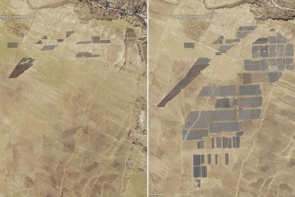 Satellite images of Longyangxia Dam Solar Park in China in April 2013 (left) and January 2017. Photos: Nasa